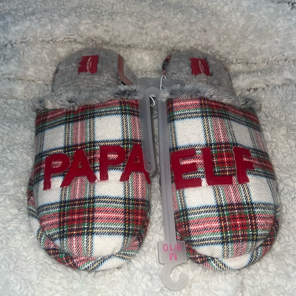 NWT men’s Papa Elf Plaid Christmas Slide Slippers - Wondershop, sz 9-10
